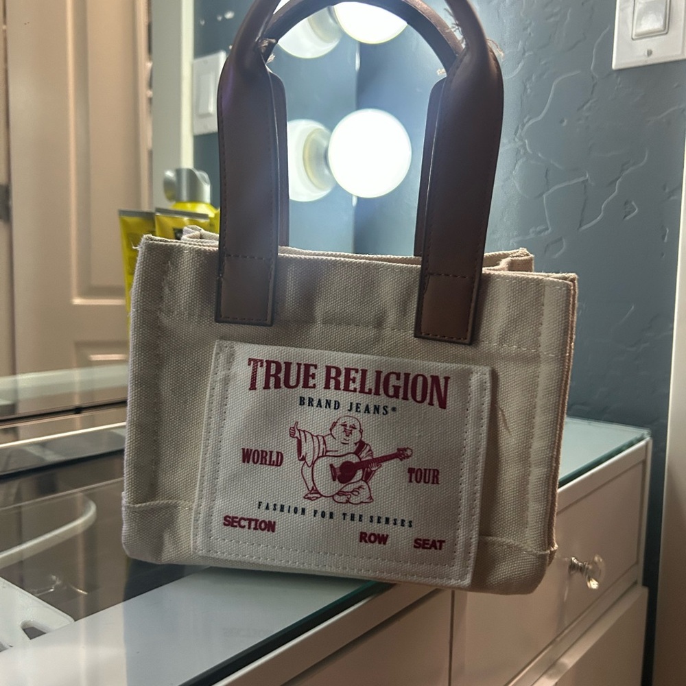 True Religion Canvas Tote with Brown Handles
